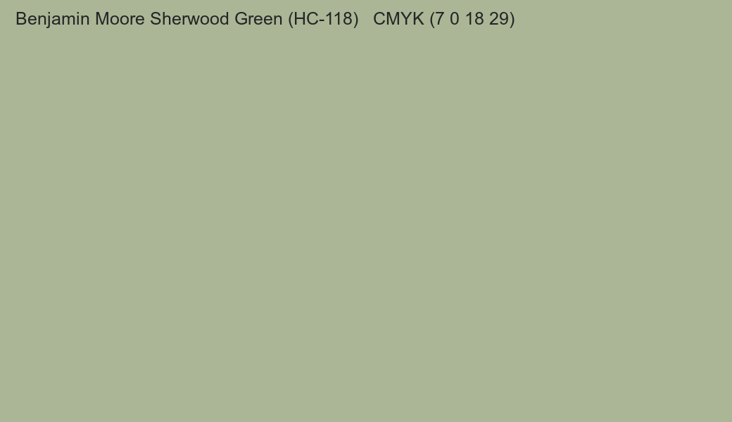 Color Benjamin Moore Sherwood Green (HC-118) to CMYK (7 0 18 29) converter Color Benjamin Moore Sherwood Green (HC-118) to CMYK (7 0 18 29) converter