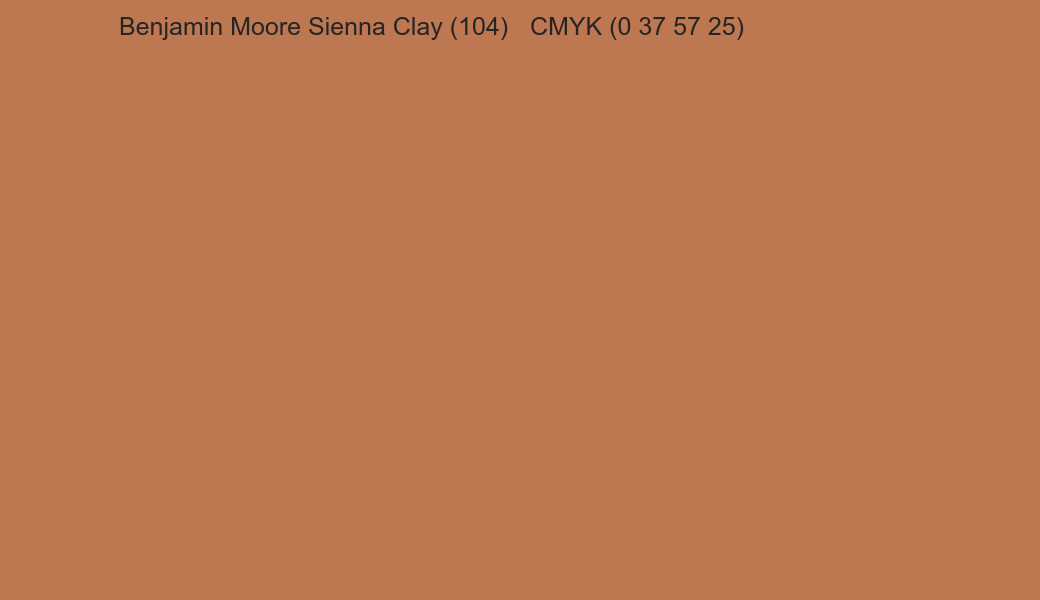 Color Benjamin Moore Sienna Clay (104) to CMYK (0 37 57 25) converter Color Benjamin Moore Sienna Clay (104) to CMYK (0 37 57 25) converter