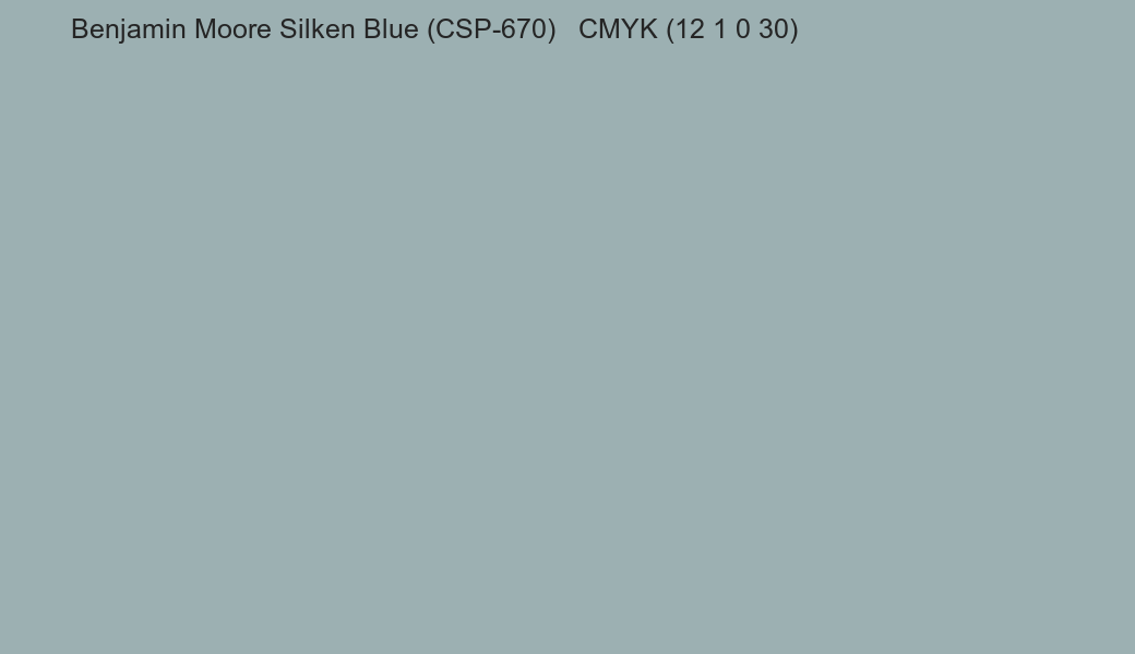 Color Benjamin Moore Silken Blue (CSP-670) to CMYK (12 1 0 30) converter Color Benjamin Moore Silken Blue (CSP-670) to CMYK (12 1 0 30) converter