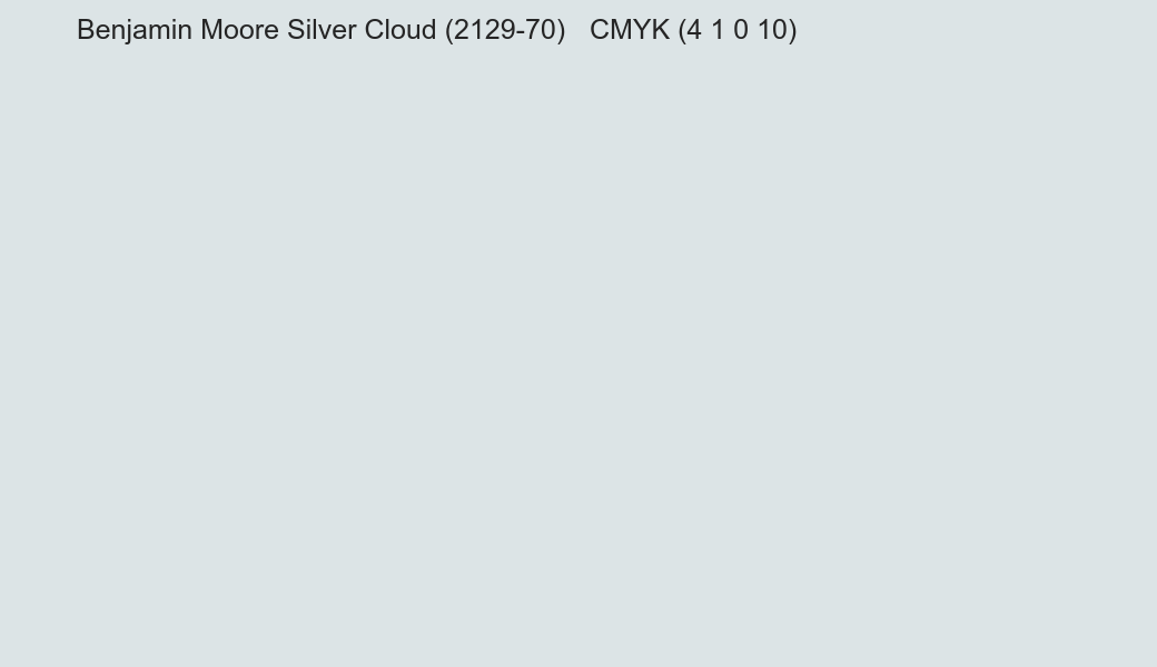 Color Benjamin Moore Silver Cloud (2129-70) to CMYK (4 1 0 10) converter Color Benjamin Moore Silver Cloud (2129-70) to CMYK (4 1 0 10) converter