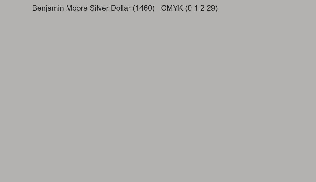 Color Benjamin Moore Silver Dollar (1460) to CMYK (0 1 2 29) converter Color Benjamin Moore Silver Dollar (1460) to CMYK (0 1 2 29) converter