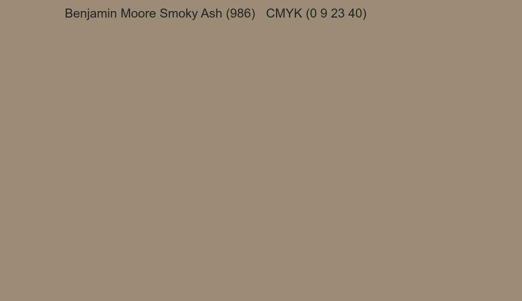 Color Benjamin Moore Smoky Ash (986) to CMYK (0 9 23 40) converter Color Benjamin Moore Smoky Ash (986) to CMYK (0 9 23 40) converter
