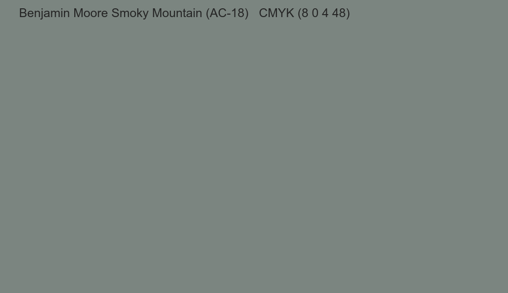 Color Benjamin Moore Smoky Mountain (AC-18) to CMYK (8 0 4 48) converter Color Benjamin Moore Smoky Mountain (AC-18) to CMYK (8 0 4 48) converter