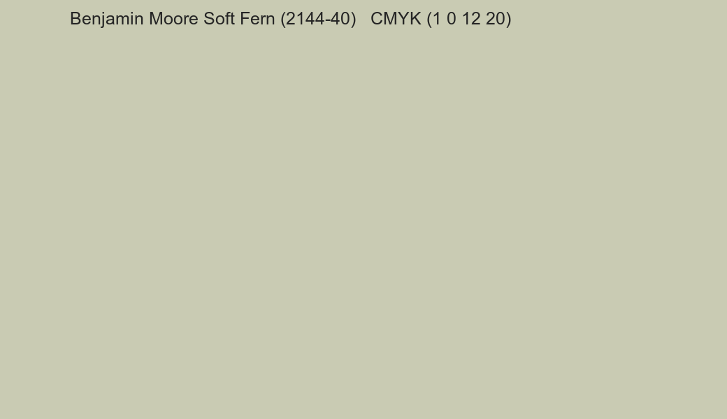 Color Benjamin Moore Soft Fern (2144-40) to CMYK (1 0 12 20) converter Color Benjamin Moore Soft Fern (2144-40) to CMYK (1 0 12 20) converter
