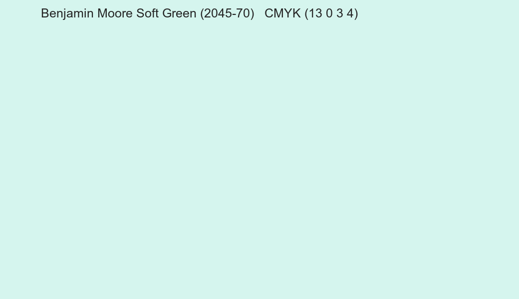 Color Benjamin Moore Soft Green (2045-70) to CMYK (13 0 3 4) converter Color Benjamin Moore Soft Green (2045-70) to CMYK (13 0 3 4) converter