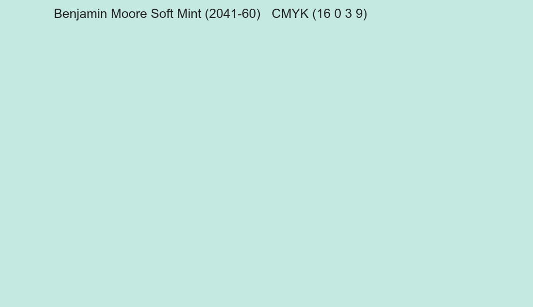 Color Benjamin Moore Soft Mint (2041-60) to CMYK (16 0 3 9) converter Color Benjamin Moore Soft Mint (2041-60) to CMYK (16 0 3 9) converter