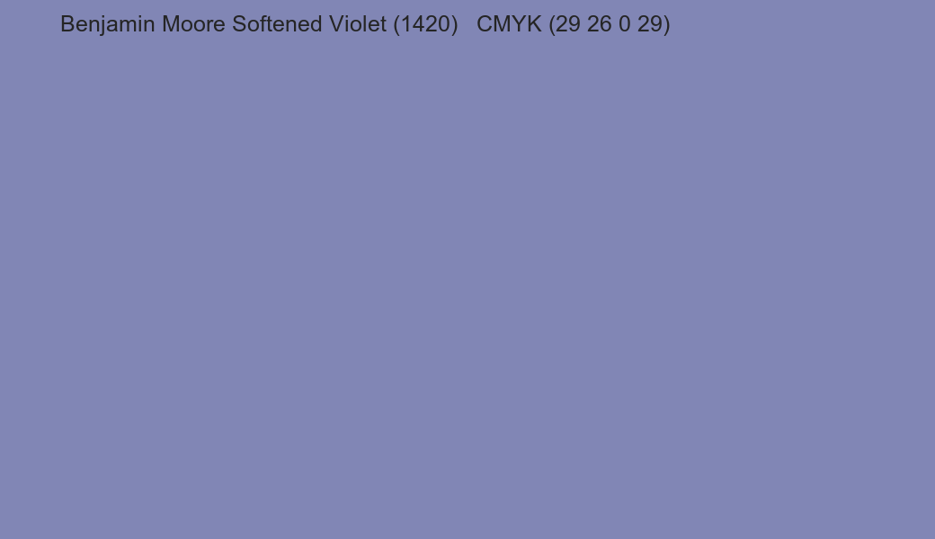 Color Benjamin Moore Softened Violet (1420) to CMYK (29 26 0 29) converter Color Benjamin Moore Softened Violet (1420) to CMYK (29 26 0 29) converter