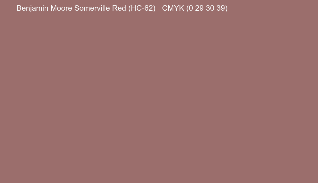 Color Benjamin Moore Somerville Red (HC-62) to CMYK (0 29 30 39) converter Color Benjamin Moore Somerville Red (HC-62) to CMYK (0 29 30 39) converter