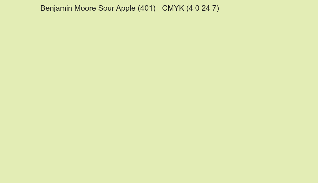 Color Benjamin Moore Sour Apple (401) to CMYK (4 0 24 7) converter Color Benjamin Moore Sour Apple (401) to CMYK (4 0 24 7) converter
