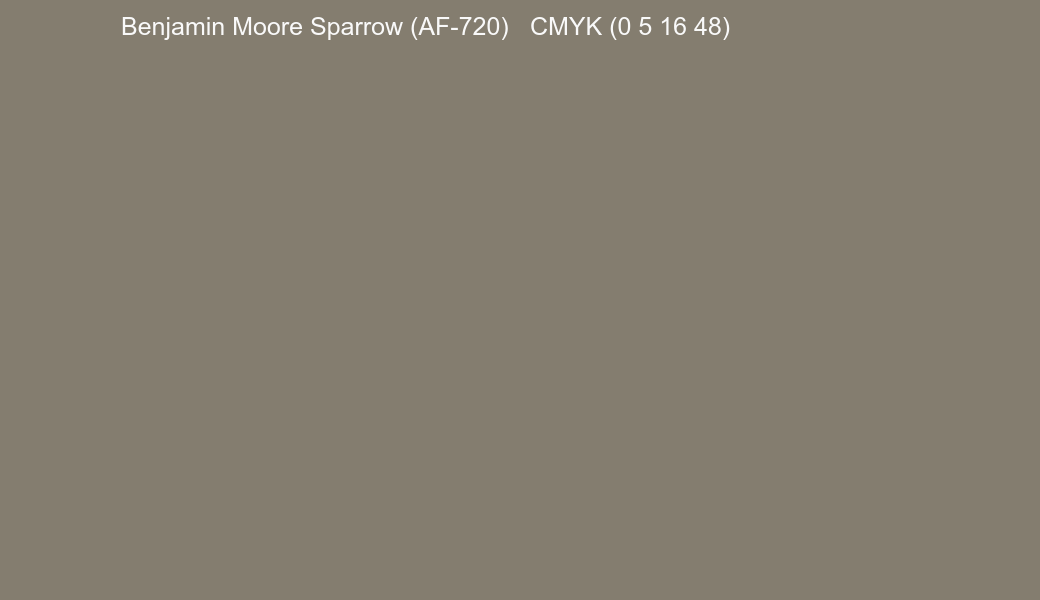 Color Benjamin Moore Sparrow (AF-720) to CMYK (0 5 16 48) converter Color Benjamin Moore Sparrow (AF-720) to CMYK (0 5 16 48) converter