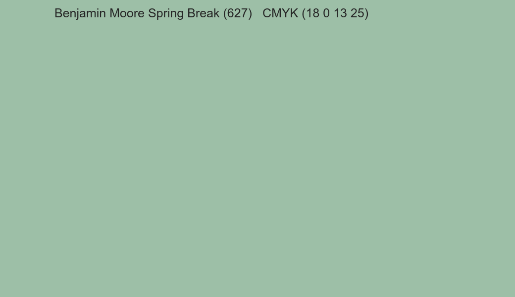 Color Benjamin Moore Spring Break (627) to CMYK (18 0 13 25) converter Color Benjamin Moore Spring Break (627) to CMYK (18 0 13 25) converter