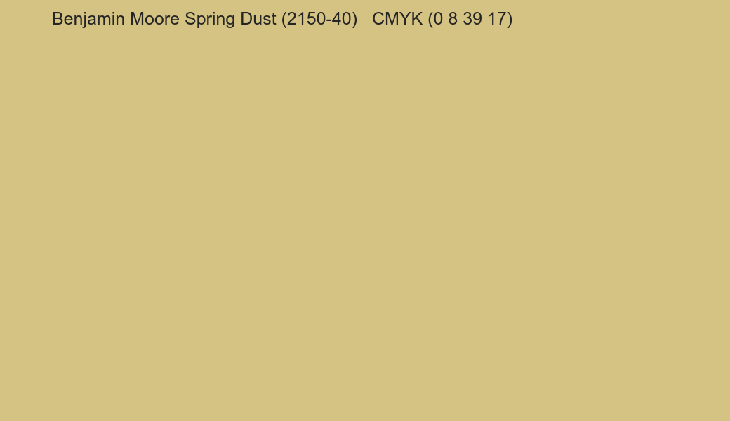 Color Benjamin Moore Spring Dust (2150-40) to CMYK (0 8 39 17) converter Color Benjamin Moore Spring Dust (2150-40) to CMYK (0 8 39 17) converter