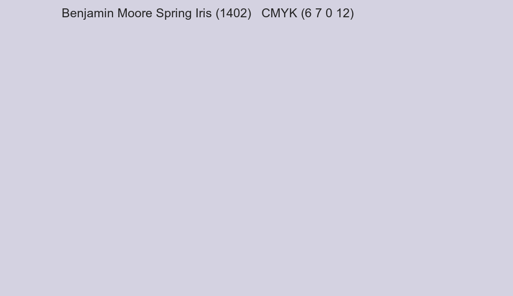 Color Benjamin Moore Spring Iris (1402) to CMYK (6 7 0 12) converter Color Benjamin Moore Spring Iris (1402) to CMYK (6 7 0 12) converter