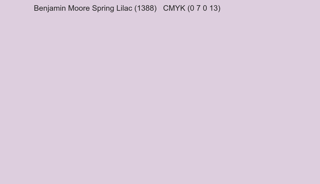 Color Benjamin Moore Spring Lilac (1388) to CMYK (0 7 0 13) converter Color Benjamin Moore Spring Lilac (1388) to CMYK (0 7 0 13) converter