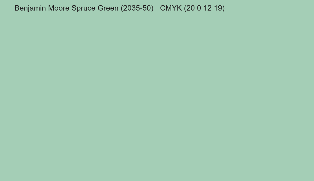 Color Benjamin Moore Spruce Green (2035-50) to CMYK (20 0 12 19) converter Color Benjamin Moore Spruce Green (2035-50) to CMYK (20 0 12 19) converter