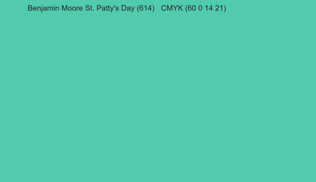 Color Benjamin Moore St. Patty's Day (614) to CMYK (60 0 14 21) converter Color Benjamin Moore St. Patty's Day (614) to CMYK (60 0 14 21) converter