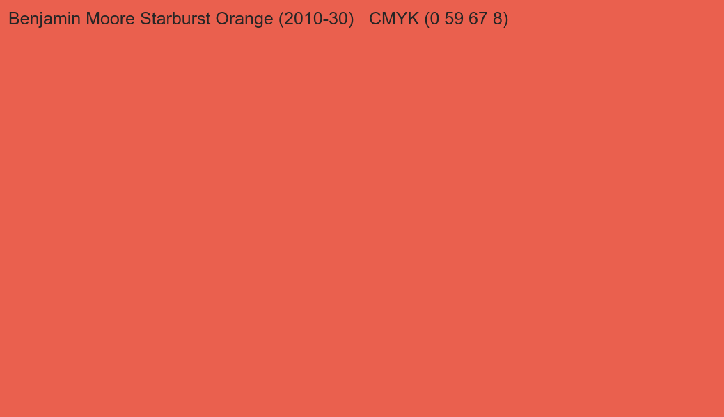 Color Benjamin Moore Starburst Orange (2010-30) to CMYK (0 59 67 8) converter Color Benjamin Moore Starburst Orange (2010-30) to CMYK (0 59 67 8) converter