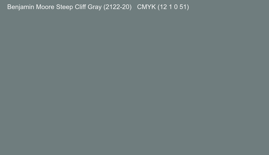 Color Benjamin Moore Steep Cliff Gray (2122-20) to CMYK (12 1 0 51) converter Color Benjamin Moore Steep Cliff Gray (2122-20) to CMYK (12 1 0 51) converter