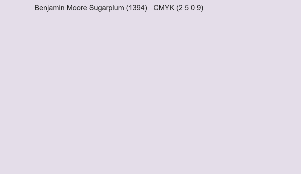 Color Benjamin Moore Sugarplum (1394) to CMYK (2 5 0 9) converter Color Benjamin Moore Sugarplum (1394) to CMYK (2 5 0 9) converter