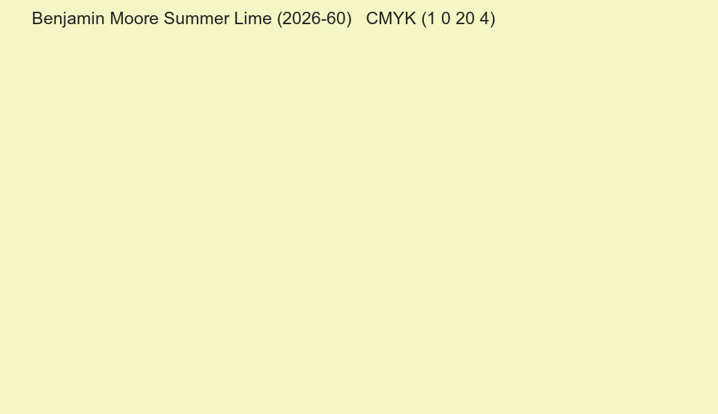 Color Benjamin Moore Summer Lime (2026-60) to CMYK (1 0 20 4) converter Color Benjamin Moore Summer Lime (2026-60) to CMYK (1 0 20 4) converter