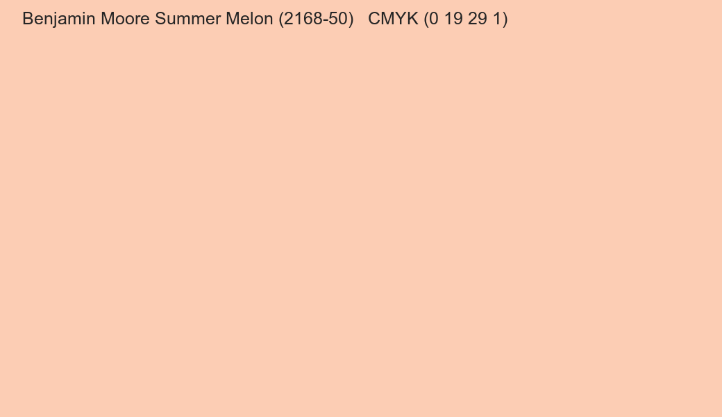Color Benjamin Moore Summer Melon (2168-50) to CMYK (0 19 29 1) converter Color Benjamin Moore Summer Melon (2168-50) to CMYK (0 19 29 1) converter