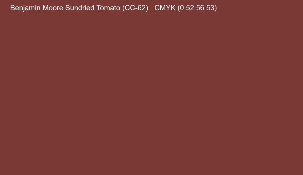 Color Benjamin Moore Sundried Tomato (CC-62) to CMYK (0 52 56 53) converter Color Benjamin Moore Sundried Tomato (CC-62) to CMYK (0 52 56 53) converter