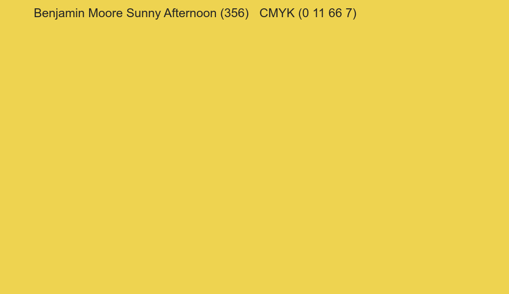 Color Benjamin Moore Sunny Afternoon (356) to CMYK (0 11 66 7) converter Color Benjamin Moore Sunny Afternoon (356) to CMYK (0 11 66 7) converter