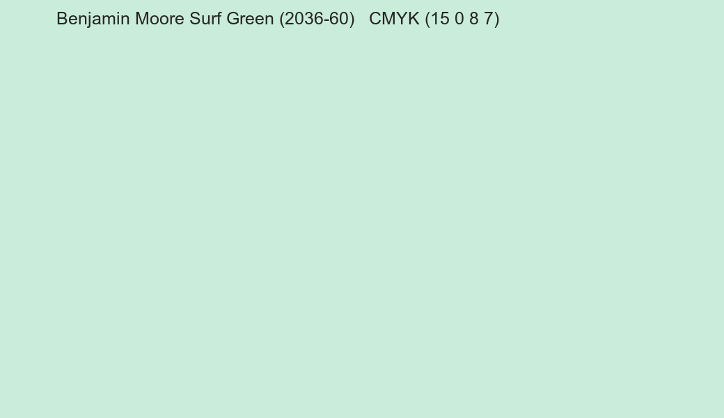 Color Benjamin Moore Surf Green (2036-60) to CMYK (15 0 8 7) converter Color Benjamin Moore Surf Green (2036-60) to CMYK (15 0 8 7) converter