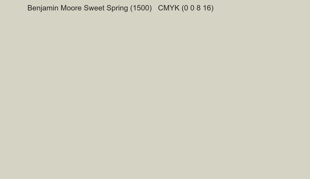 Color Benjamin Moore Sweet Spring (1500) to CMYK (0 0 8 16) converter Color Benjamin Moore Sweet Spring (1500) to CMYK (0 0 8 16) converter