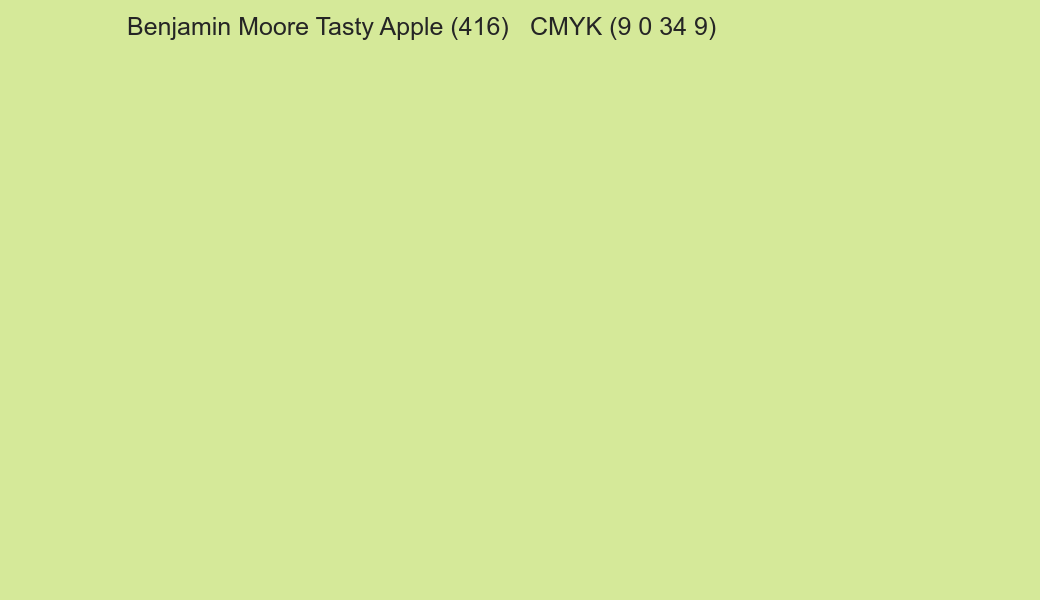 Color Benjamin Moore Tasty Apple (416) to CMYK (9 0 34 9) converter Color Benjamin Moore Tasty Apple (416) to CMYK (9 0 34 9) converter