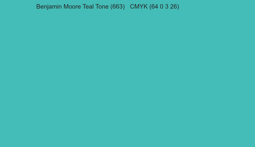 Color Benjamin Moore Teal Tone (663) to CMYK (64 0 3 26) converter Color Benjamin Moore Teal Tone (663) to CMYK (64 0 3 26) converter
