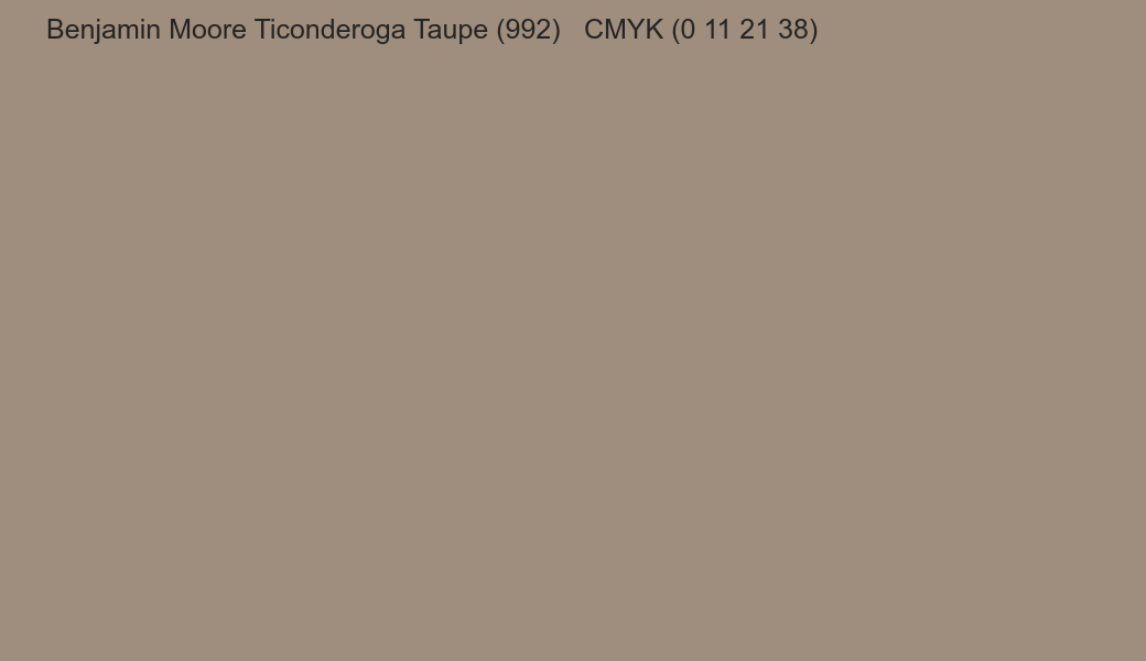 Color Benjamin Moore Ticonderoga Taupe (992) to CMYK (0 11 21 38) converter Color Benjamin Moore Ticonderoga Taupe (992) to CMYK (0 11 21 38) converter