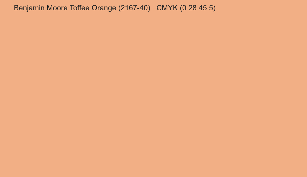Color Benjamin Moore Toffee Orange (2167-40) to CMYK (0 28 45 5) converter Color Benjamin Moore Toffee Orange (2167-40) to CMYK (0 28 45 5) converter