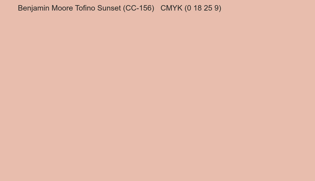 Color Benjamin Moore Tofino Sunset (CC-156) to CMYK (0 18 25 9) converter Color Benjamin Moore Tofino Sunset (CC-156) to CMYK (0 18 25 9) converter