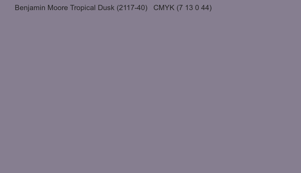 Color Benjamin Moore Tropical Dusk (2117-40) to CMYK (7 13 0 44) converter Color Benjamin Moore Tropical Dusk (2117-40) to CMYK (7 13 0 44) converter