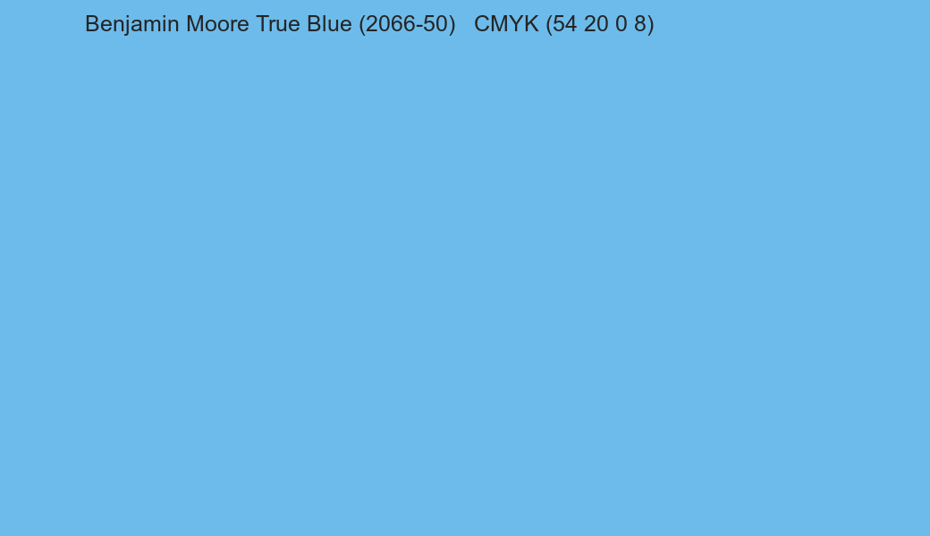 Color Benjamin Moore True Blue (2066-50) to CMYK (54 20 0 8) converter Color Benjamin Moore True Blue (2066-50) to CMYK (54 20 0 8) converter
