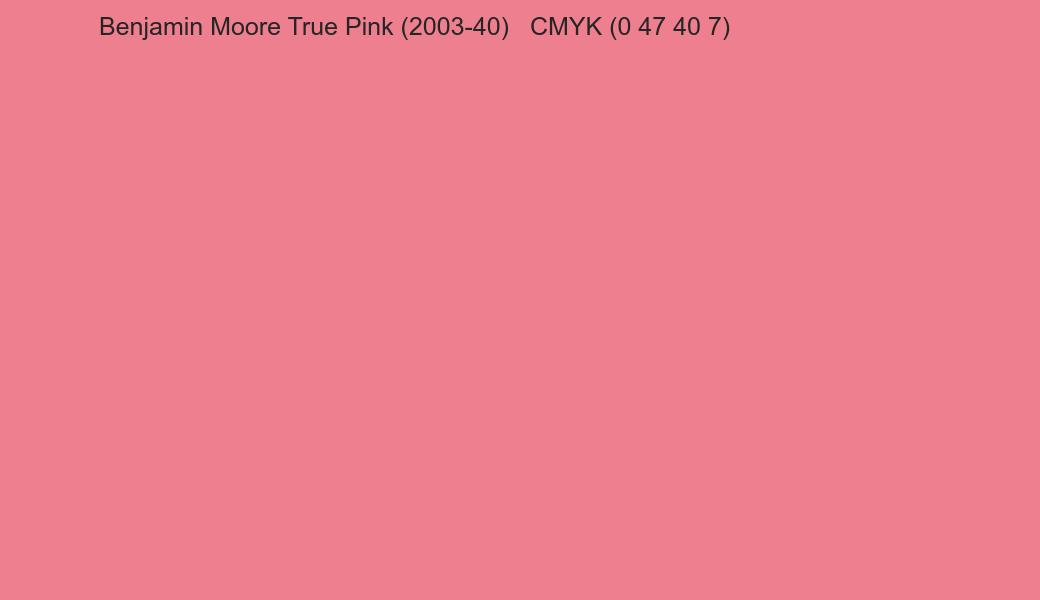 Color Benjamin Moore True Pink (2003-40) to CMYK (0 47 40 7) converter Color Benjamin Moore True Pink (2003-40) to CMYK (0 47 40 7) converter