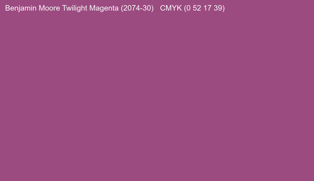 Color Benjamin Moore Twilight Magenta (2074-30) to CMYK (0 52 17 39) converter Color Benjamin Moore Twilight Magenta (2074-30) to CMYK (0 52 17 39) converter
