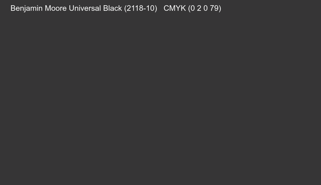 Color Benjamin Moore Universal Black (2118-10) to CMYK (0 2 0 79) converter Color Benjamin Moore Universal Black (2118-10) to CMYK (0 2 0 79) converter