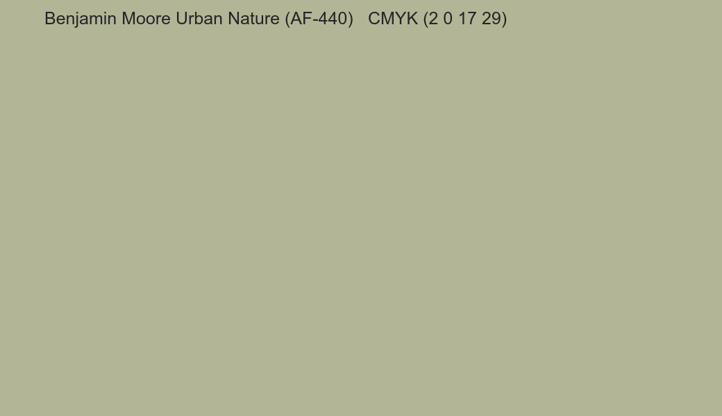 Color Benjamin Moore Urban Nature (AF-440) to CMYK (2 0 17 29) converter Color Benjamin Moore Urban Nature (AF-440) to CMYK (2 0 17 29) converter