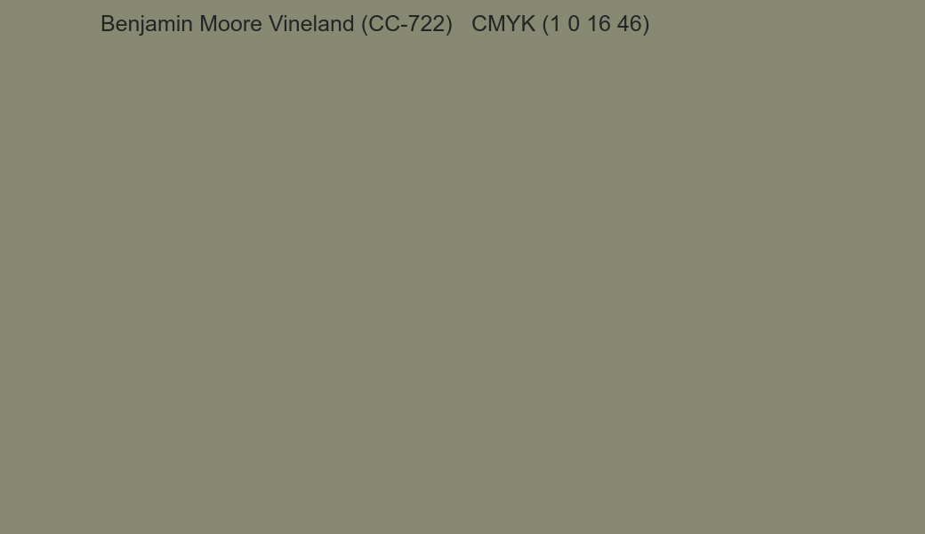 Color Benjamin Moore Vineland (CC-722) to CMYK (1 0 16 46) converter Color Benjamin Moore Vineland (CC-722) to CMYK (1 0 16 46) converter