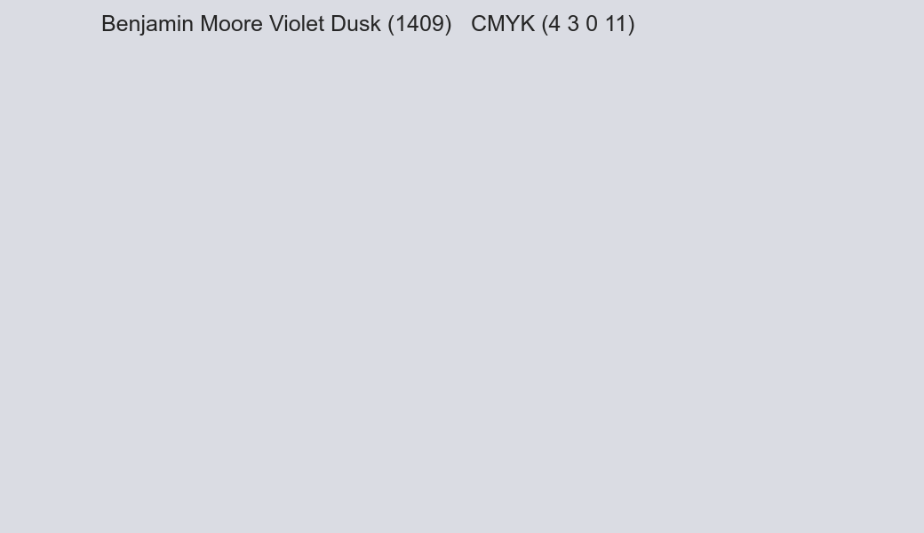 Color Benjamin Moore Violet Dusk (1409) to CMYK (4 3 0 11) converter Color Benjamin Moore Violet Dusk (1409) to CMYK (4 3 0 11) converter
