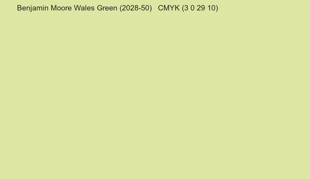 Color Benjamin Moore Wales Green (2028-50) to CMYK (3 0 29 10) converter Color Benjamin Moore Wales Green (2028-50) to CMYK (3 0 29 10) converter