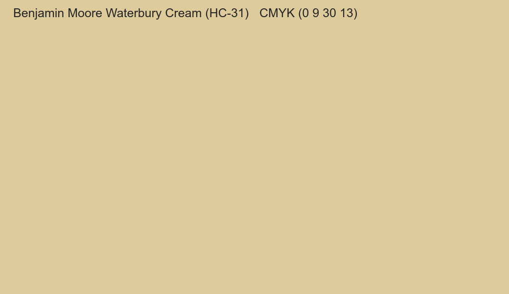 Color Benjamin Moore Waterbury Cream (HC-31) to CMYK (0 9 30 13) converter Color Benjamin Moore Waterbury Cream (HC-31) to CMYK (0 9 30 13) converter
