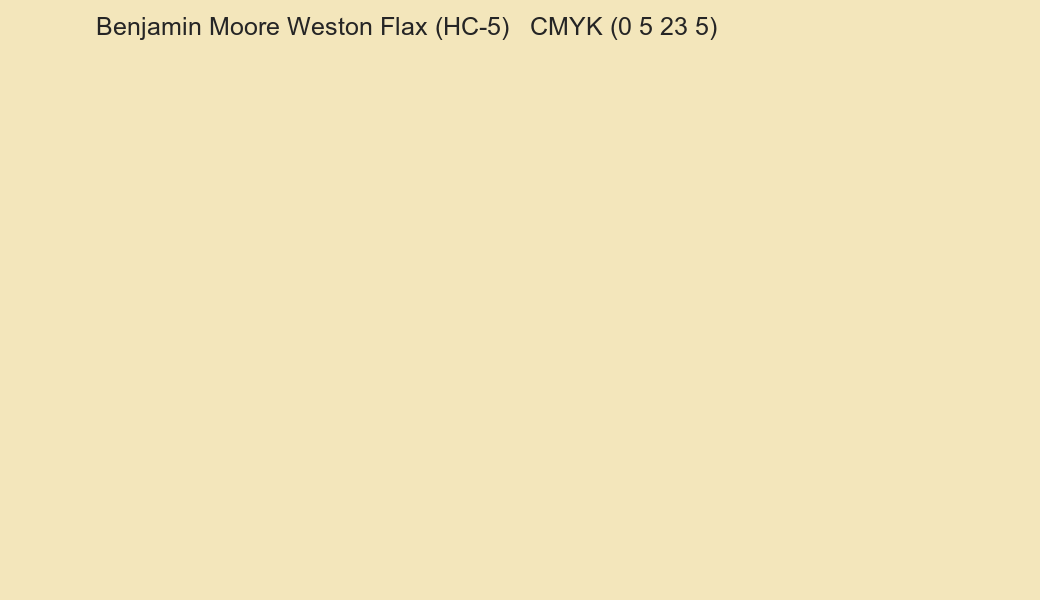 Color Benjamin Moore Weston Flax (HC-5) to CMYK (0 5 23 5) converter Color Benjamin Moore Weston Flax (HC-5) to CMYK (0 5 23 5) converter