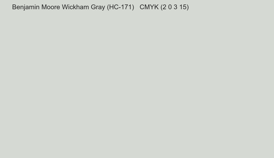 Color Benjamin Moore Wickham Gray (HC-171) to CMYK (2 0 3 15) converter Color Benjamin Moore Wickham Gray (HC-171) to CMYK (2 0 3 15) converter