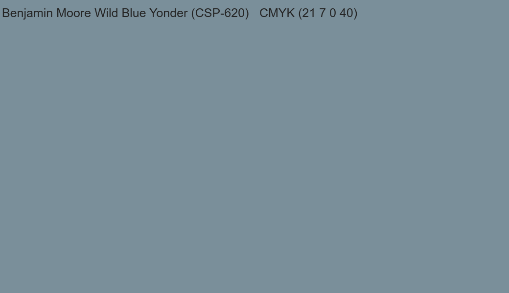 Color Benjamin Moore Wild Blue Yonder (CSP-620) to CMYK (21 7 0 40) converter Color Benjamin Moore Wild Blue Yonder (CSP-620) to CMYK (21 7 0 40) converter