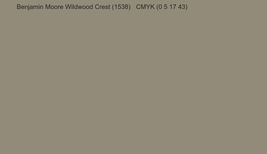 Color Benjamin Moore Wildwood Crest (1538) to CMYK (0 5 17 43) converter Color Benjamin Moore Wildwood Crest (1538) to CMYK (0 5 17 43) converter