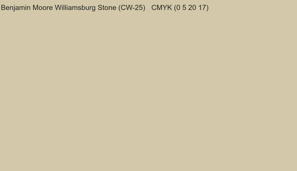 Color Benjamin Moore Williamsburg Stone (CW-25) to CMYK (0 5 20 17) converter Color Benjamin Moore Williamsburg Stone (CW-25) to CMYK (0 5 20 17) converter
