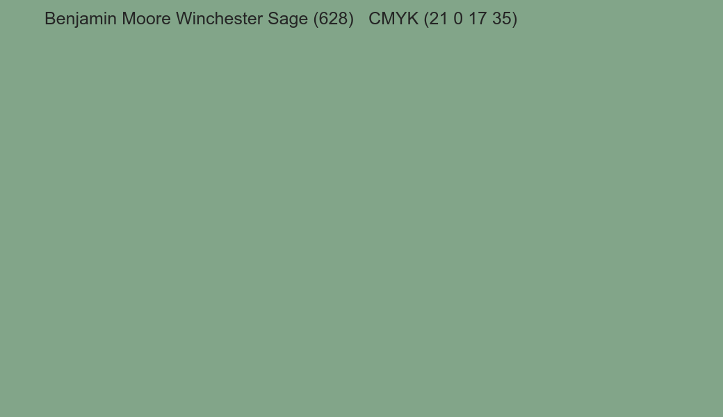 Color Benjamin Moore Winchester Sage (628) to CMYK (21 0 17 35) converter Color Benjamin Moore Winchester Sage (628) to CMYK (21 0 17 35) converter